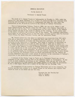 Memorial Resolution for Professor J. Wymond French, ca. 02 December 1952