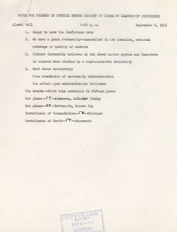 "Notes for Remarks Sigma Nu Leadership Conference Special Awards Banquet." -Alumni Hall September 2, 1953