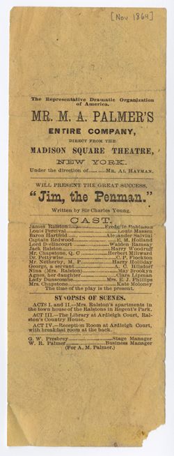 Printed: Theater production announcement Jim, the Penman