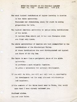 "Notes for Remarks at the Freshmen Banquet." -Indiana University Alumni Hall. Sept. 22, 1942