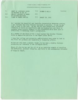 "Notes for Luncheon Honoring Richard Fletcher," Sigma Nu Meeting at Dallas, August 1972