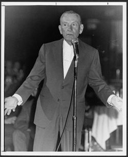 Hoagy Carmichael speaking to an audience at an Indiana University Alumni Association event honoring Carmichael, Hollywood.