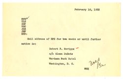 16 February 1932: To: Roy W. Howard, Thomas L. Sidlo, George B. Parker, William G. Chandler, John H. Sorrells, J.E.F. & H.E.N.. From: William W. Hawkins.