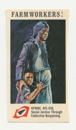 Stamp depicting woman and child farmworkers