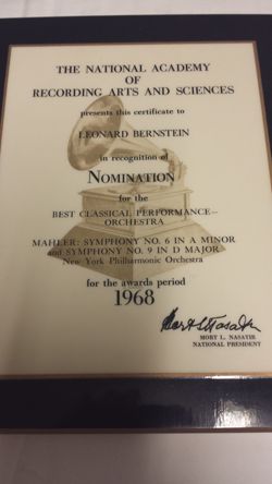 Grammy Nomination Award 1968 - Classical Performance, Orchestra (Mahler)