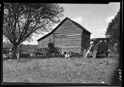 Log cabin, autos and dogs, Bloomington road