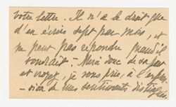 undated.La Tour du Pin, Brigitte (O’Connor) de, comtesse To Monsieur. Writes of receiving a letter from her son Patrice, a prisoner of war, and inquires whether he could accept letters from Patrice so that she could hear from him more than once a month. A. card