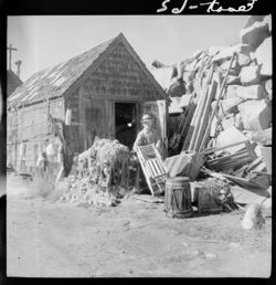 Lobster shanties back of posted factory, Annisquam