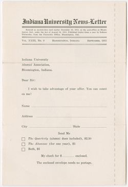 "Alumni Association Union Building- Bloomington, Indiana" vol. XXIII, no. 9