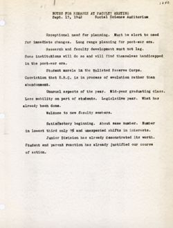 "Notes for Remarks at Faculty Meeting." -Indiana University Social Science Auditorium. Sept. 15, 1942