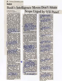 Walter Pincus, "Bush’s Intelligence Moves Don’t Attain Scope Urged by 9/11 Panel," Washington Post, September 2, 2004