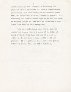 "Remarks at Convocation Introduction of Anne O'Hare McCormick." -Indiana University Auditorium. Oct. 30, 1949