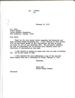 Letter from Birch Bayh to R. L. Davis of the Purdue Research Foundation, February 14, 1979