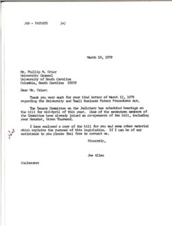 Letter from Joe Allen to Phillip M. Grier of the University of South Carolina, March 19, 1979