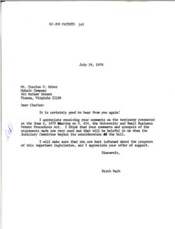 Letter from Birch Bayh to Charles H. Huber of the Hubair Company, July 19, 1979
