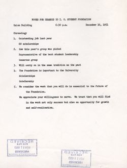 "Notes for Remarks to the Indiana University Student Foundation." -Union Building. Dec. 16, 1951