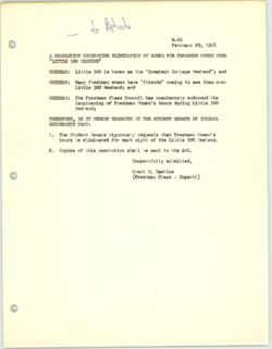 R-66 Resolution Requesting Elimination of Hours for Freshman Women Over Little 500 Weekend, 29 February 1968