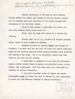 "Transcription for use at half-time Football Purdue vs. IU Game." November 21, 1953