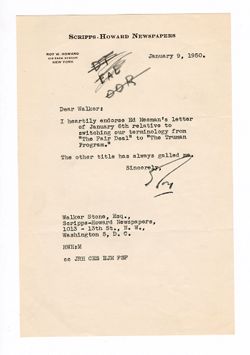 9 January 1950: To: Walker Stone. From: Roy W. Howard.