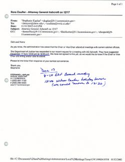 Email from Stephanie Kaplan to Deb Meyers and Nora Coulter re Attorney General Ashcroft on 12/17, November 11, 2003, 4:43 PM