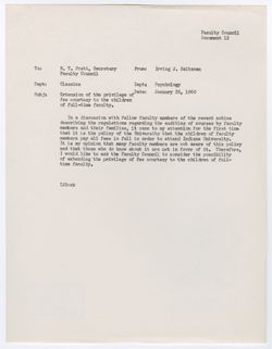 12: Letter from Professor Saltzman Concerning the Extension of the Privilege of Fee Courtesy to the Children of Full-time Faculty, 26 January 1960