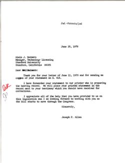 Letter from Joseph P. Allen to Niels Reimers of Stanford University, June 20, 1979