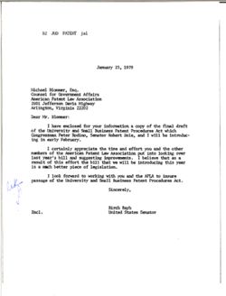 Letter from Birch Bayh to Michael Blommer of the American Patent Law Association, January 23, 1979