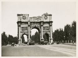 The Siegestor (victory gate) triumphal arch in Munich showing war damage