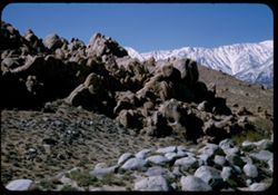 Rocks of the Alabama Hills against backdrop of the High Sierra west of Lone Pine, Calif.