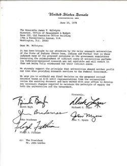 Letter from Birch Bayh, Richard Lugar, John Brademas, John Myers, and Floyd Fithian to James T. McIntyre of the Office of Management and Budget, June 23, 1978
