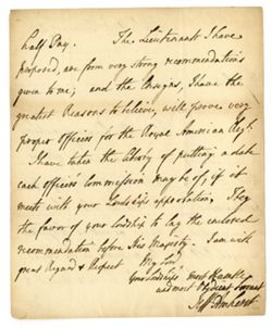 1776, Feb. 5 - Amherst, Jeffrey Amherst, 1st baron, 1717-1797, army officer. Whitehall [England]. To [Wiliam Wildman Barrington, 2nd] viscount Barrington. Concerns officers for the 60th regiment.