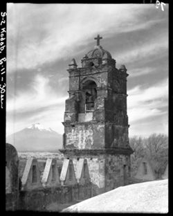 Best view of larger church tower, Cholula, Huejotzingo convent.