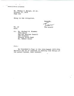 Letter from Tom Arnold to Thomas J. Morgan, Robert T. Edell, Robert B. Benson, J. Ralph King, and Rudolph J. Anderson, October 17, 1979