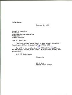 Letter from Birch Bayh to Richard D. Heberling of the Toledo Patent Law Association, December 12, 1979