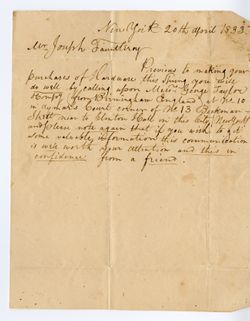 Anonymous, New York. To Joseph Fauntleroy, New Harmony, Indiana., 1833 Apr. 20