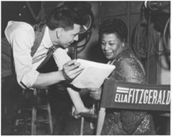 Ella Fitzgerald and Jack Webb on the set of Pete Kelly’s Blues
