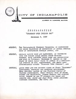 City of Indianapolis. Proclamation of "Stardust over Indiana Day" on December 8, 1962 given in thanks to HC and other artists performing with the Indianapolis Symphony Orchestra on said date.