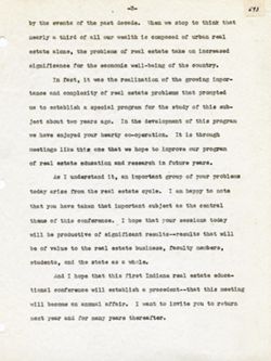 "Address of Welcome: Real Estate Educational Conference" -Indiana University, Apr. 4, 1939