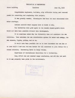 "Notes for Remarks Waterworks Dedication Luncheon." -Union Building June 10, 1953