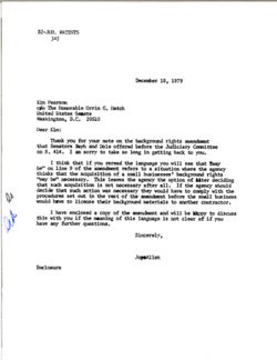 Letter from Joe Allen to Kim Pearson in the office of Senator Orrin Hatch, December 10, 1979