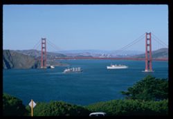 Outbound LURLINE meets freighter in San Francisco's Golden Gate