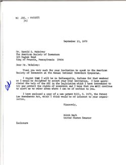 Letter from Birch Bayh to Harold E. McKelvey of the American Society of Inventors, September 13, 1979