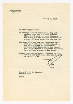 4 January 1949: To: Peggy Hawkins & William W. Hawkins. From: Roy W. Howard.