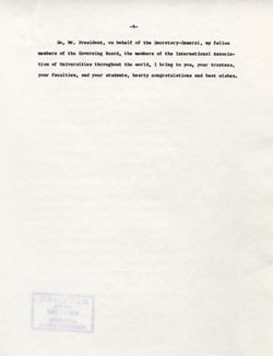 "Greetings from the International Associations of Universities Tulane University Inauguration." April 15, 1961