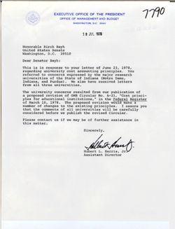 Letter from Hubert L. Harris of the Office of Management and Budget to Birch Bayh, July 18, 1978