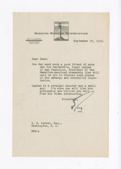 30 September 1939: To: George B. Parker. From: Roy W. Howard.