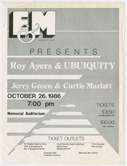 E&M Promotions Flyer for concert: Roy Ayers & Ubiquity; Jerry Green & Curtis Marlatt, October 26, 1986