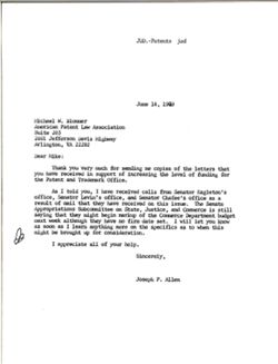 Letter from Joseph P. Allen to Michael W. Bloomer of the American Patent Law Association, June 14, 1979