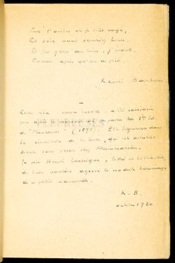 1920, Oct.Barbusse, Henri, 1874-1935, author. Pleureuses: two verses. A.D.S.