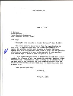 Letter from Joseph P. Allen to Ralph Davis of the Purdue Research Foundation, June 29, 1979